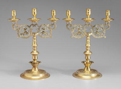 Appraisal: Pair brass candelabra each with three candle sockets above stepped