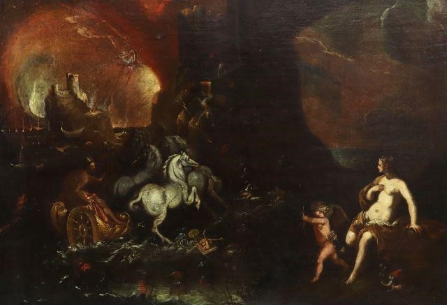 Appraisal: Framed oil on canvas painting Hell Scene with Pluto's Chariot