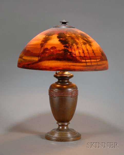 Appraisal: Handel Table Lamp Reverse-painted glass and patinated metal Meriden Connecticut