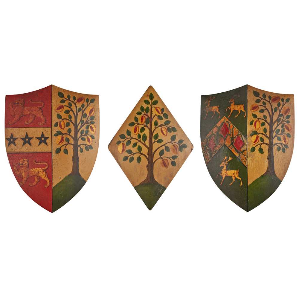 Appraisal: THREE POLYCHROMED AND PARCEL-GILT OAK ARMORIALS BY W A MUSSETT