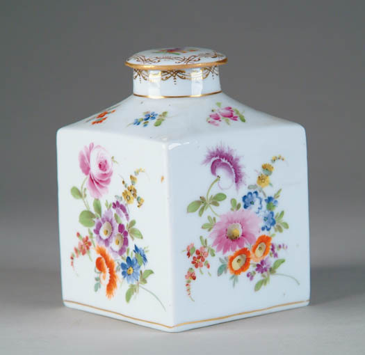 Appraisal: DRESDEN SQUARE JAR The white background hand decorated with colorful