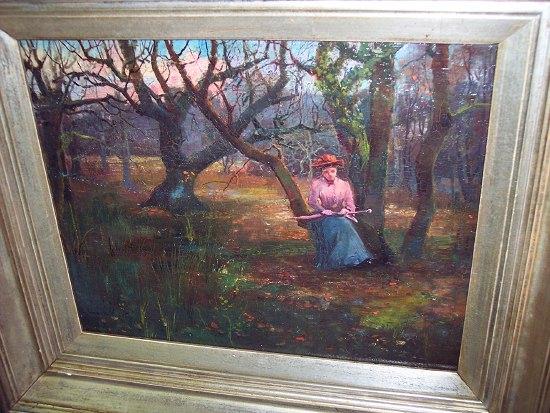 Appraisal: Edward ReadWooded Landscapewith lady seated on a branchsignedoil on board