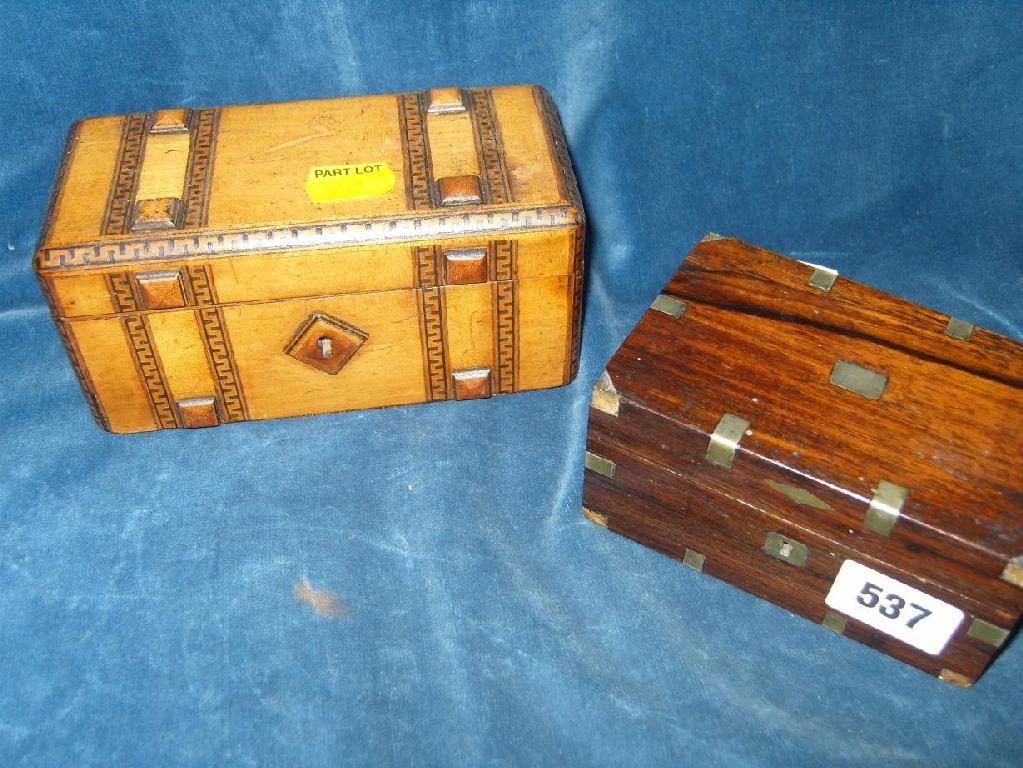 Appraisal: A miniature th century rosewood box with brass banded detail