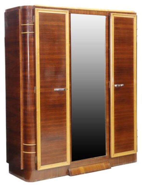 Appraisal: Art Deco rosewood and maple triple armoire c s center