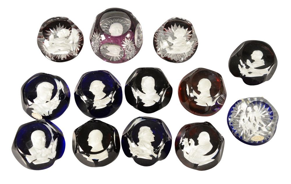 Appraisal: Thirteen Baccarat Glass Paperweights having sulfide portrait bust interior to