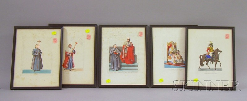 Appraisal: Set of Five Framed Italian Hand-colored Prints Depicting th Century