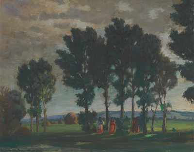 Appraisal: Hungarian School th Century Landscape women under trees hay bales