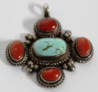 Appraisal: Sterling Silver Turquoise Coral Pendant The silver of squat cruciform