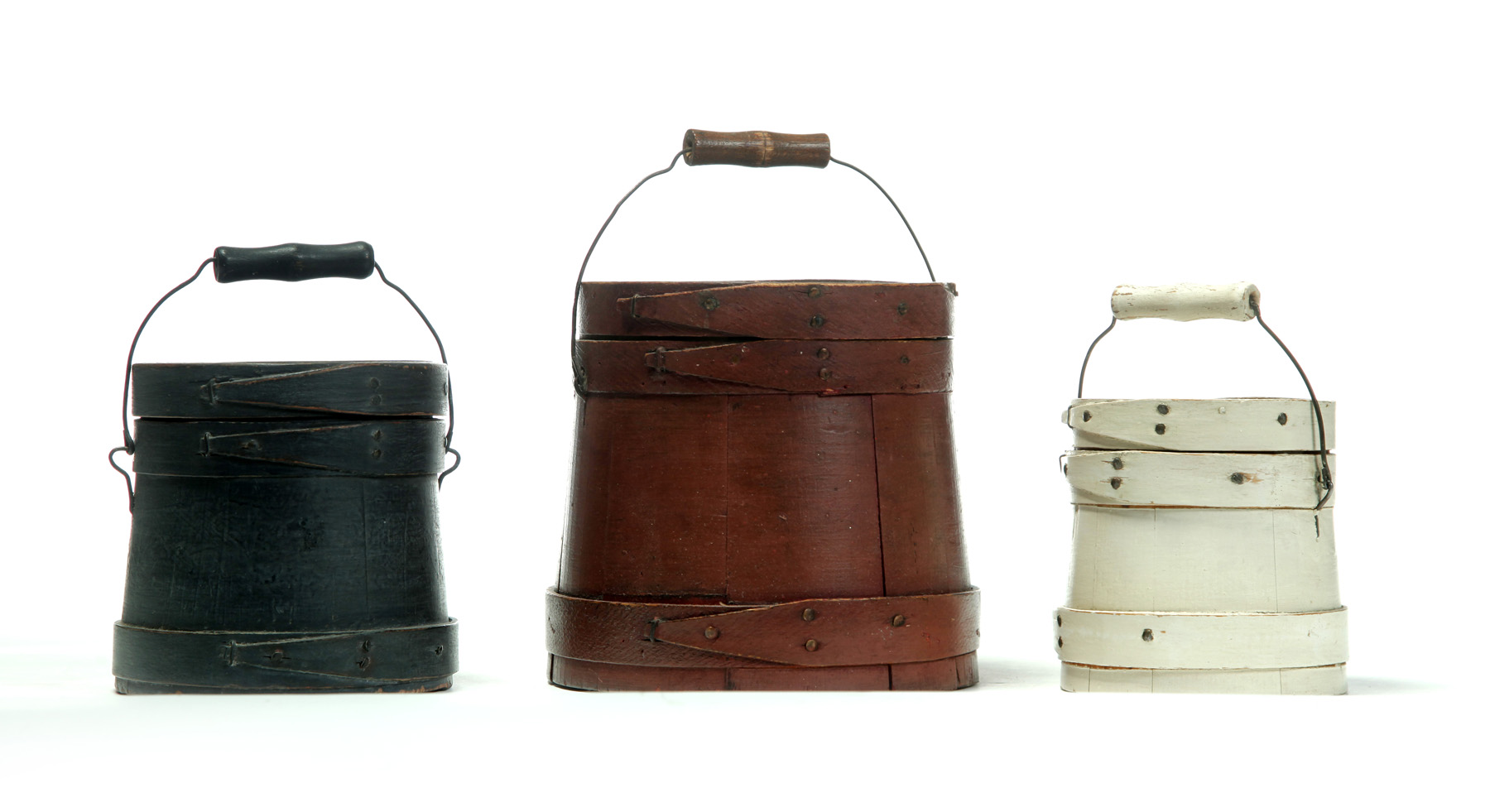 Appraisal: THREE SMALL AMERICAN SUGAR BUCKETS Twentieth century Stave constructed with