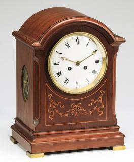 Appraisal: English marquetry inlaid mahogany mantel clock h English mantel clock