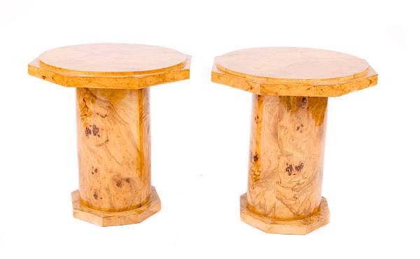 Appraisal: A pair of Art Deco style burled maple octagonal tables