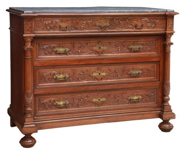 Appraisal: Continental carved mahogany commode th c inset marble top over