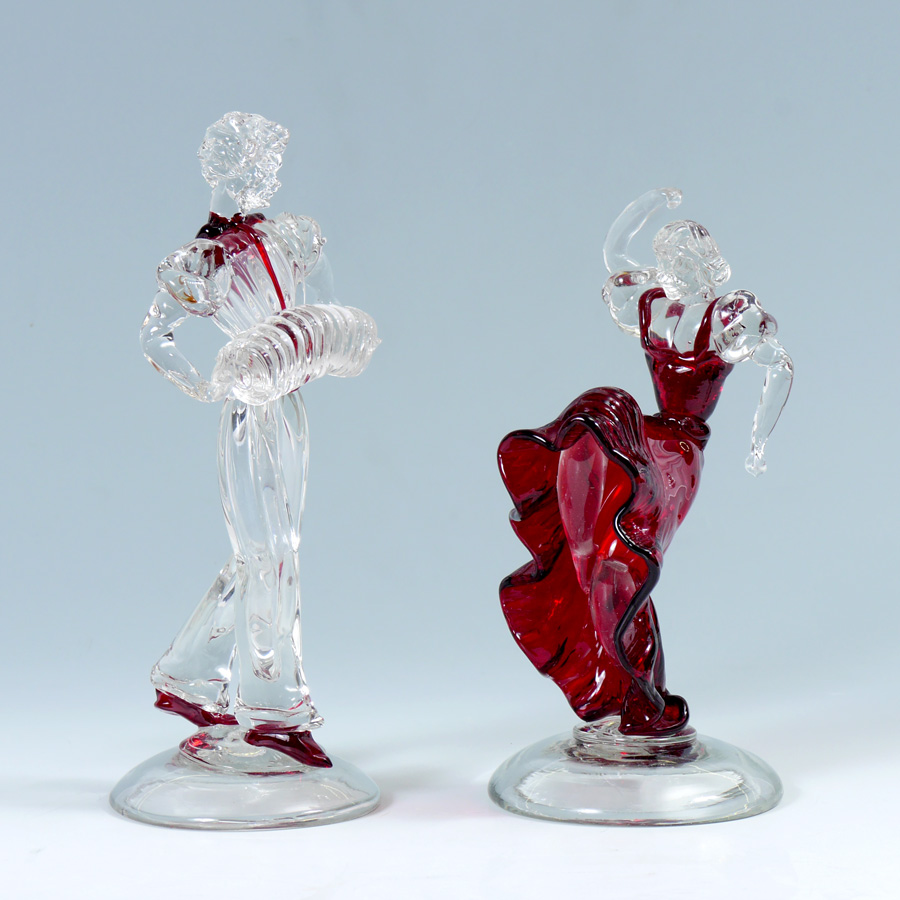 Appraisal: PAIR VENETIAN GLASS FIGURES Man musician accompanied by a lady