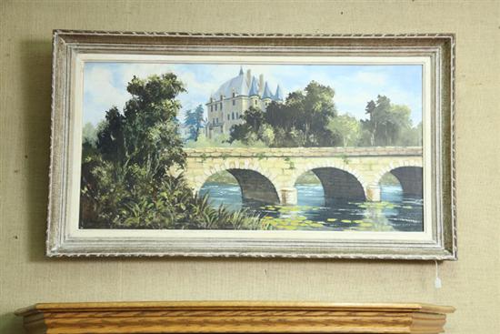 Appraisal: OIL ON CANVAS Depicting a French bridge and Chateau Artist