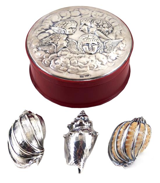 Appraisal: SILVER Three seashells and hallmarked box with silver elements th