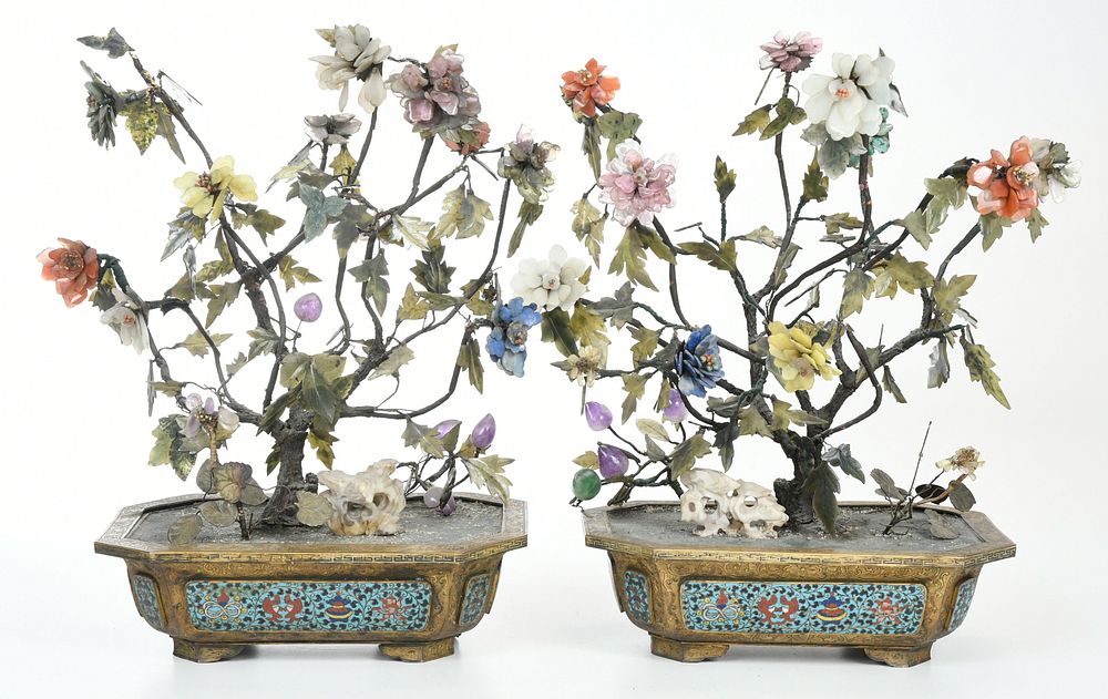 Appraisal: Pair of Jade Bonsai Trees in Cloisonne Planters Chinese each