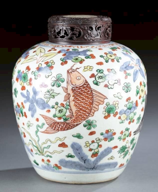 Appraisal: Doucai Chinese fish floral ginger jar th cen A Doucai