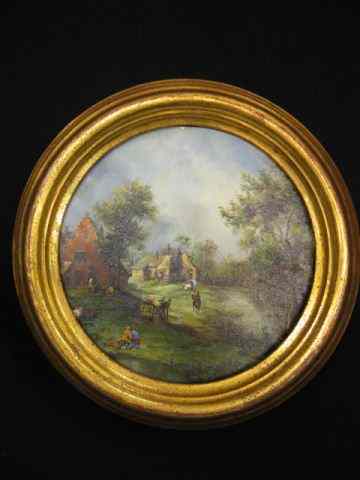 Appraisal: V Olsen Miniature Painting on Copper landscape with villagers ''