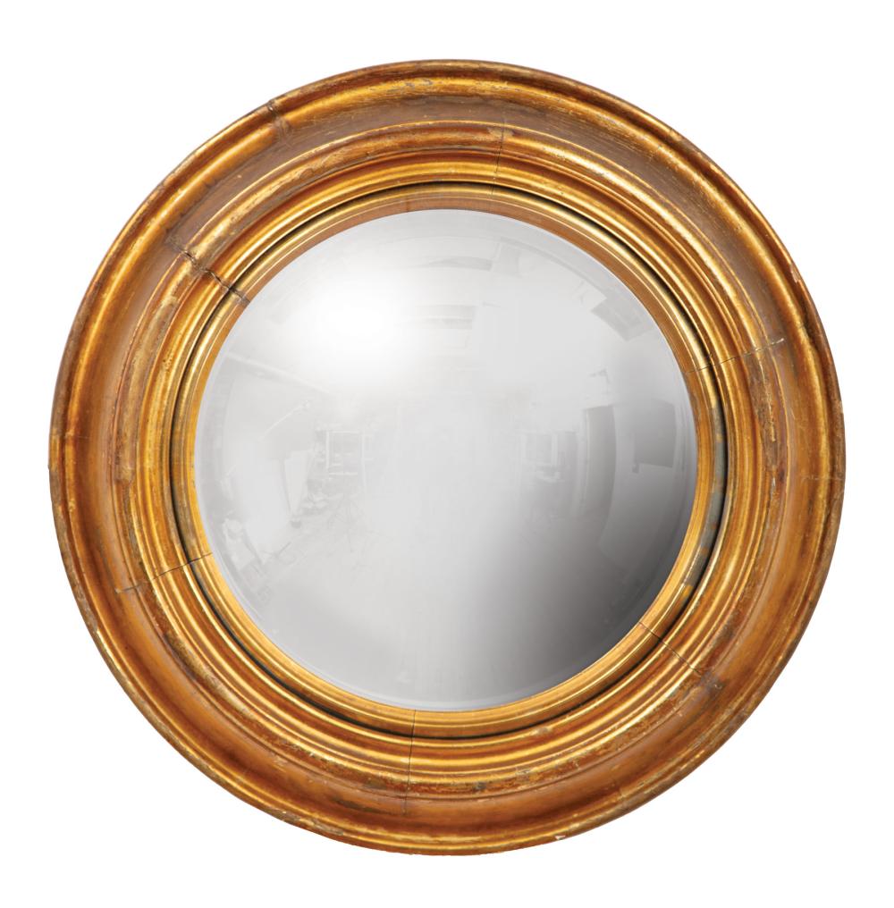 Appraisal: Antique Regency-Style Bullseye Giltwood Mirror coved bolection surround dia in