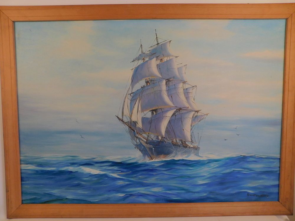 Appraisal: SYLVA FERNANDES SHIP PAINTING Large vintage oil on canvas of