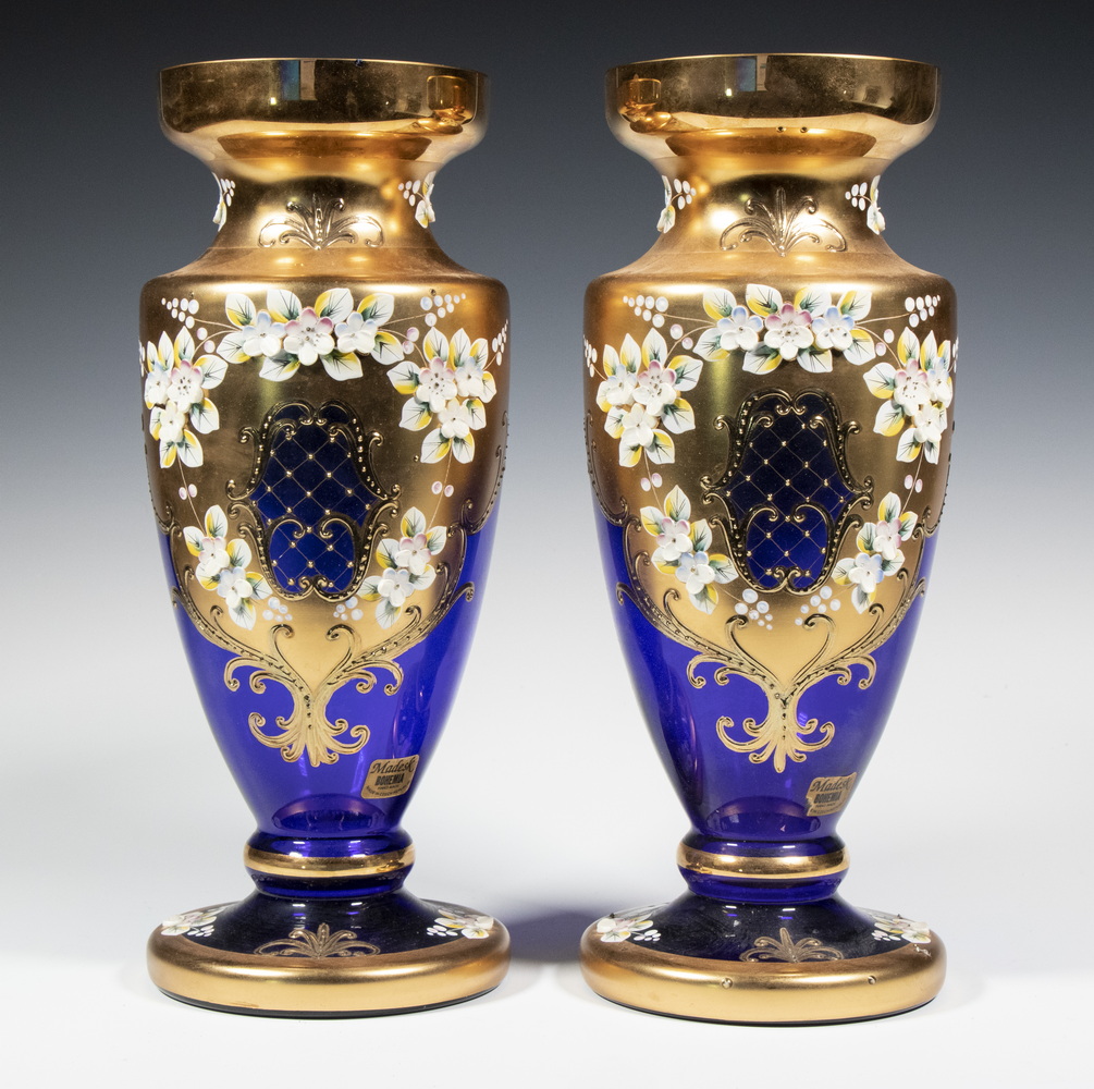 Appraisal: PR MADESK BOHEMIAN ENAMELED BLUE GLASS VASES Pair of Czech