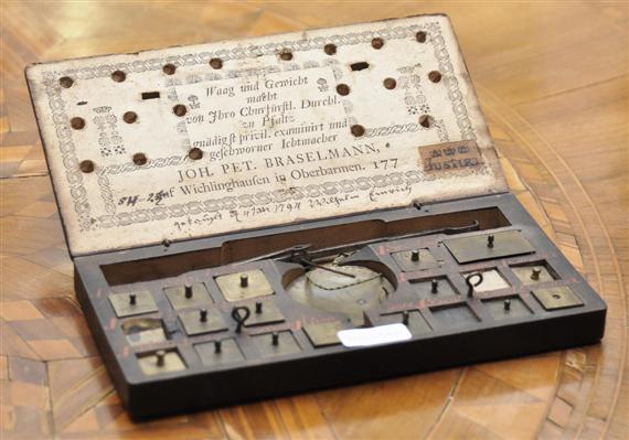 Appraisal: CASKET WITH SET OF WEIGHTS AND BALANCE German inscribed Joh