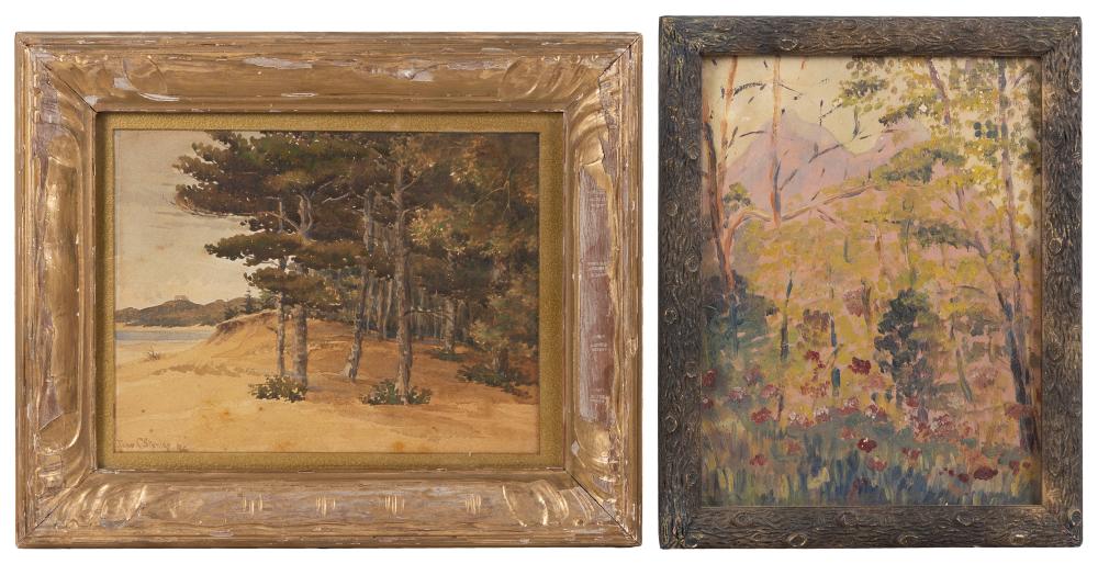 Appraisal: TWO LANDSCAPE PAINTINGSTWO LANDSCAPE PAINTINGS Trees by a pond Signed