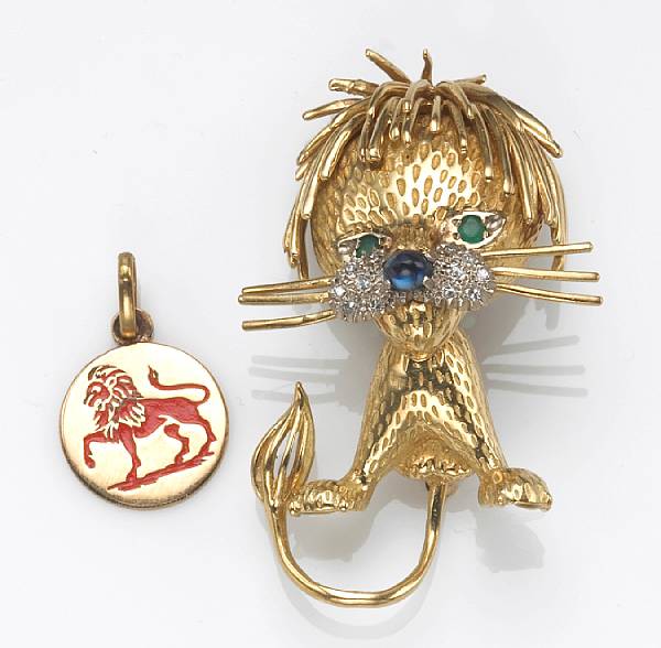 Appraisal: A gem-set diamond k gold lion brooch together with an