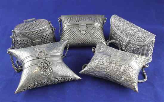 Appraisal: Five Indian white metal evening bags of varying shapes and