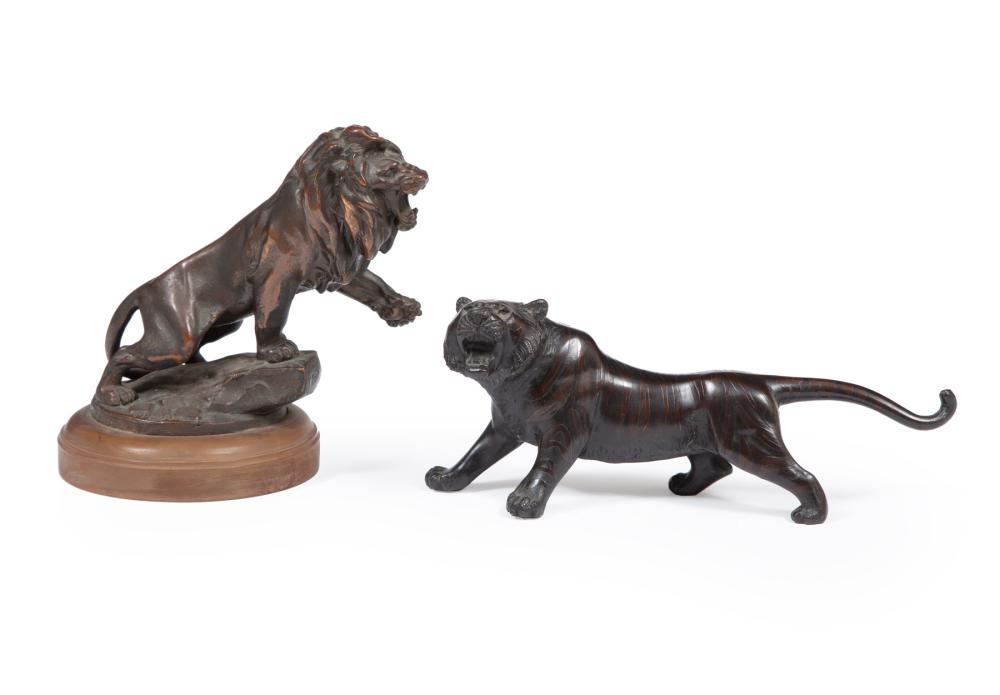 Appraisal: TWO BRONZE ANIMALIER FIGURESTwo Bronze Animalier Figures incl lion inscribed