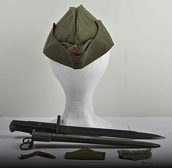 Appraisal: U S Military Bayonet and Overseas Cap and Patches WWII