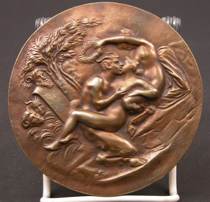 Appraisal: Bronze Medallion of Pan Nymph Bronze medallion features an arcadian