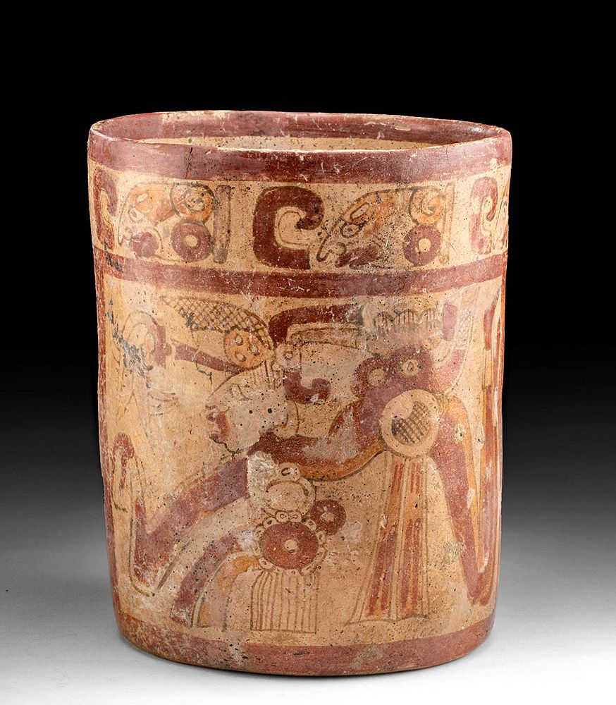 Appraisal: Maya Copador Pottery Cylinder w Figures Pre-Columbian Central America El