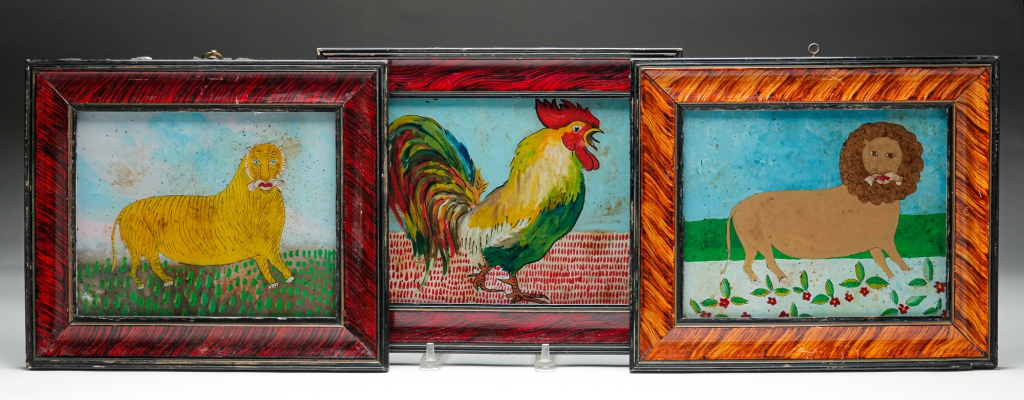 Appraisal: THREE AMERICAN REVERSE GLASS PAINTINGS Mid th century All by