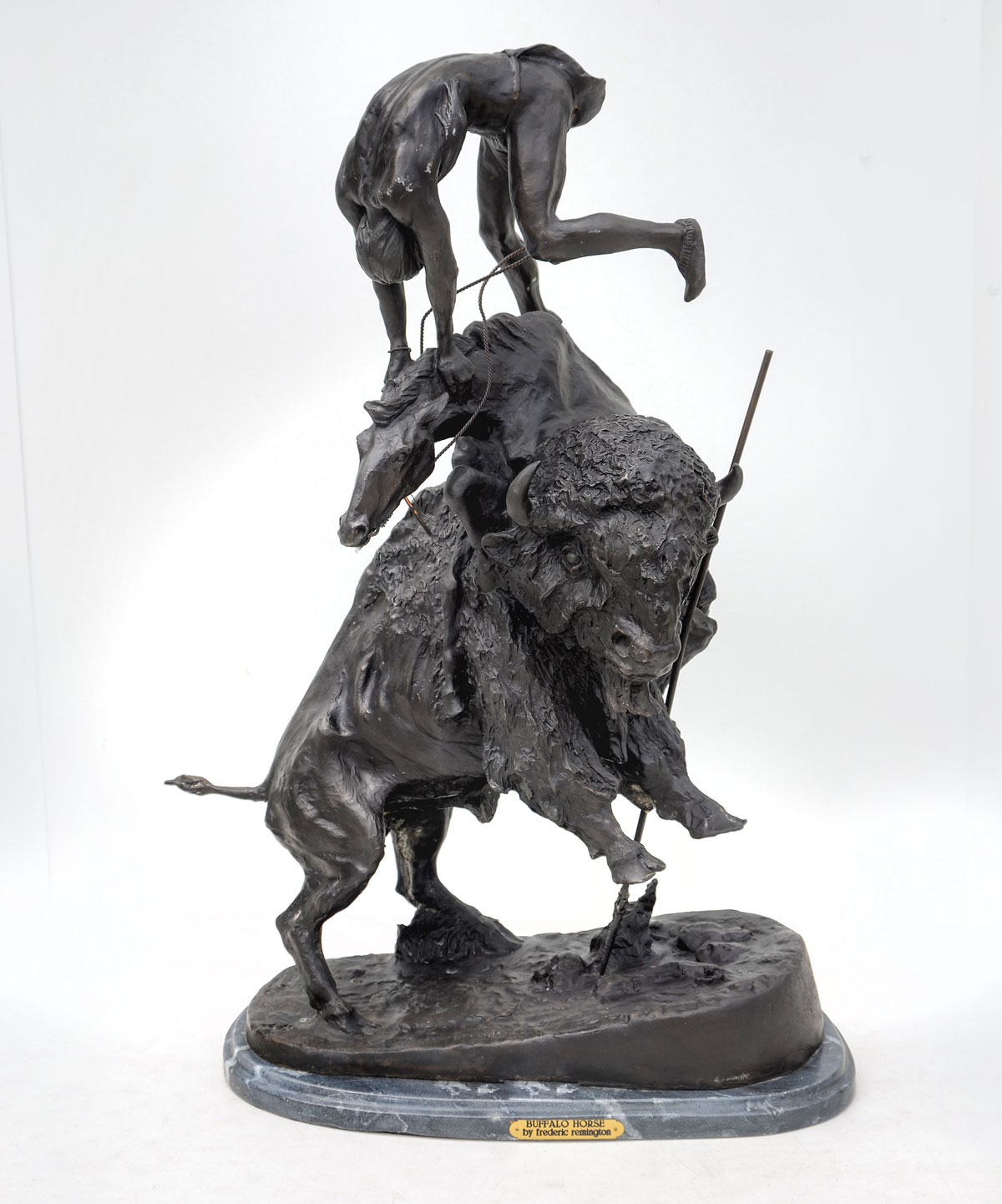 Appraisal: BRONZE AFTER REMINGTON BUFFALO HORSE Bronze Grouping Depicts Indian on