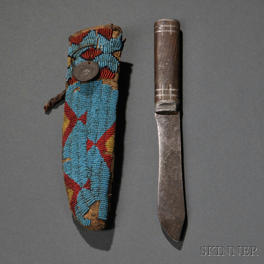 Appraisal: Lakota Beaded Buffalo Hide Knife Sheath c beaded with geometric