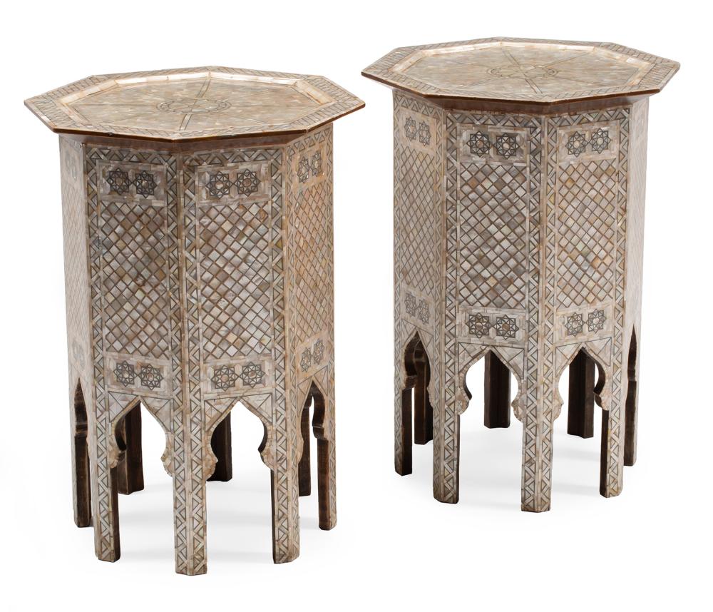 Appraisal: Pair of Moorish-Style Mother-of-Pearl Inlaid Octagonal Tabouret Tables geometric design