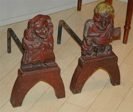 Appraisal: Pair of Painted Cast Iron Punch and Judy Form Andirons