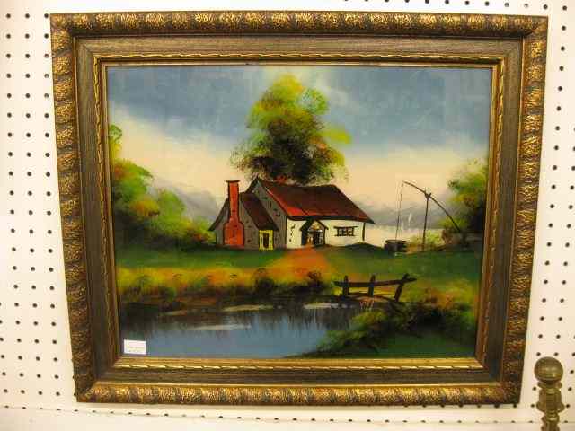 Appraisal: Reverse Painting on Glass farm house pond image area ''