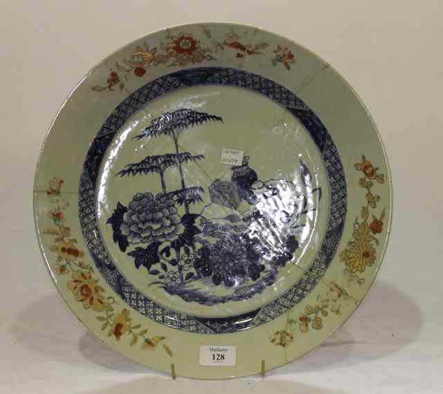 Appraisal: A CHINESE BLUE AND WHITE PORCELAIN CHARGER with polychrome rim