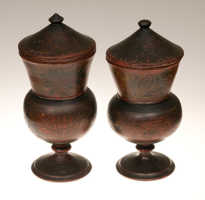 Appraisal: PAIR OF PAINTED WOODEN COVERED SPICE JARS th century each