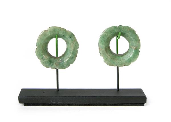 Appraisal: A pair of Mayan jade ear ornaments Late Classic Ca