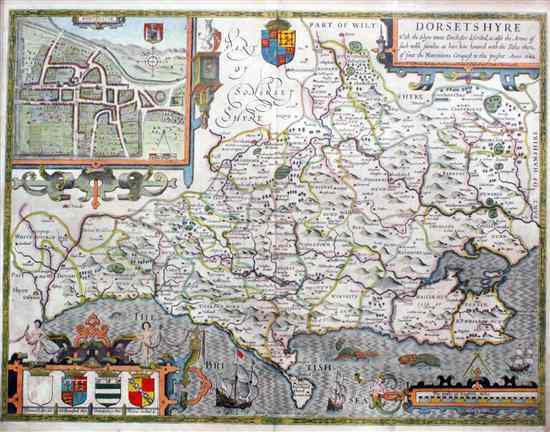 Appraisal: Jodocus Hondius coloured engraving Map of Dorsetshyre x in Estimate