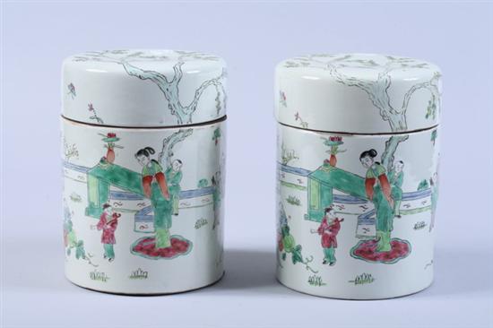 Appraisal: PAIR CHINESE FAMILLE ROSE PORCELAIN JARS WITH COVERS Figural decoration