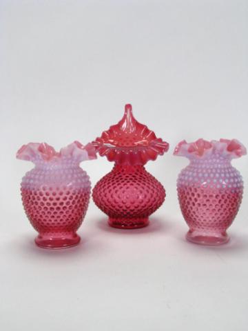 Appraisal: Group of Cranberry Hobnail Opalescent Glass including two '' vases