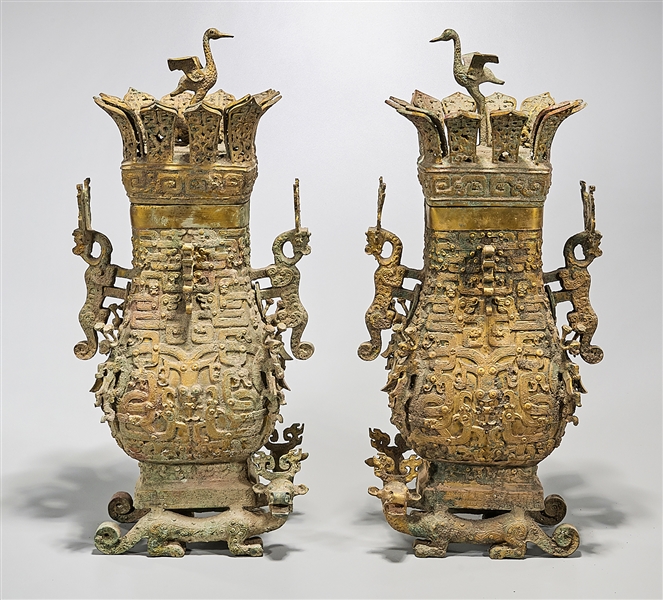 Appraisal: Pair of Chinese archaistic bronze covered vases x x each