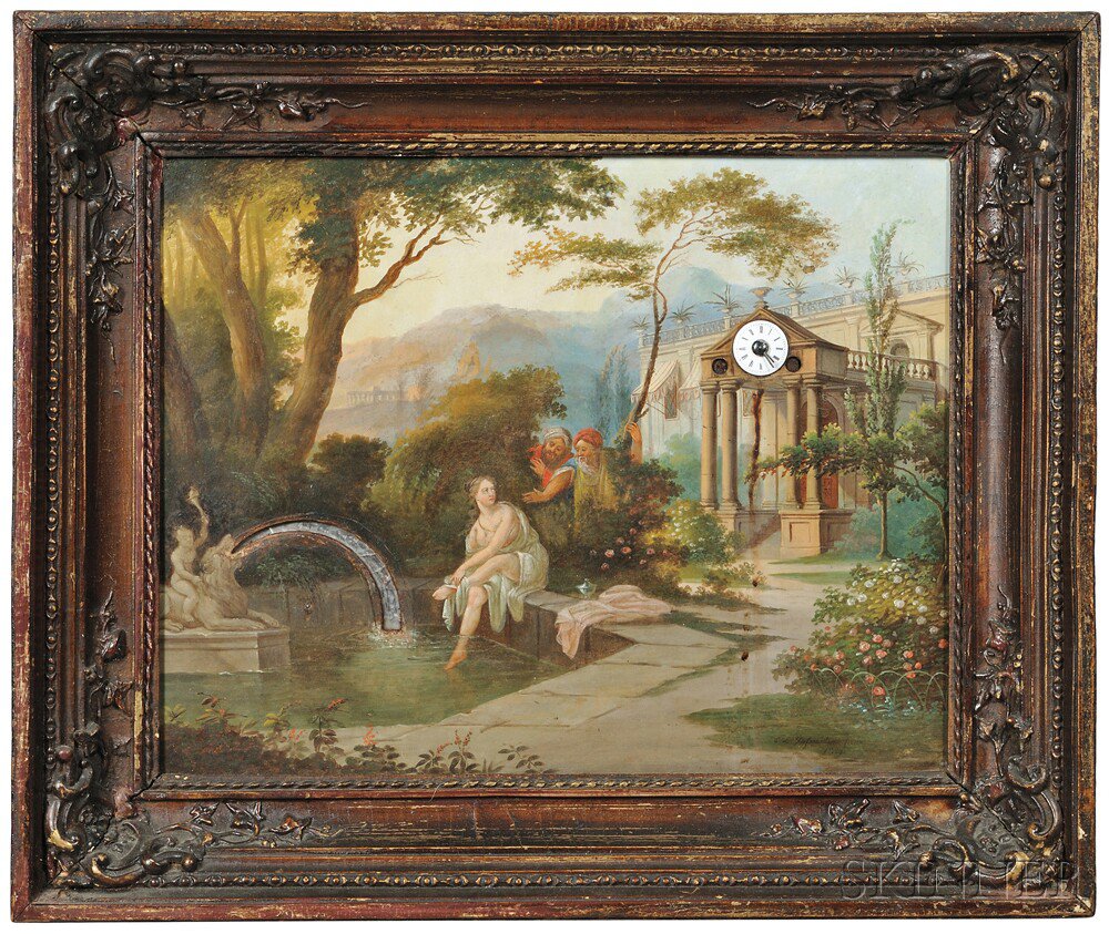 Appraisal: Continental Picture Clock c oil on tin depicting a biblical