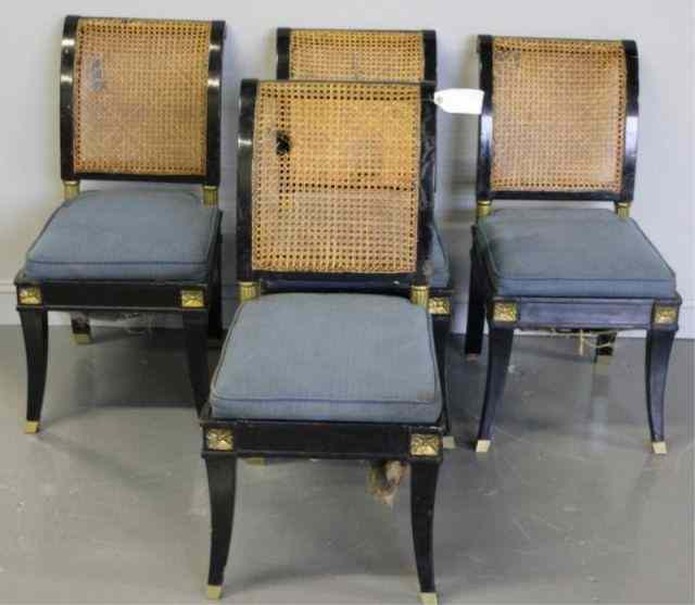 Appraisal: Regency Style Black Lacquer Caned Chairs With nice brass trim