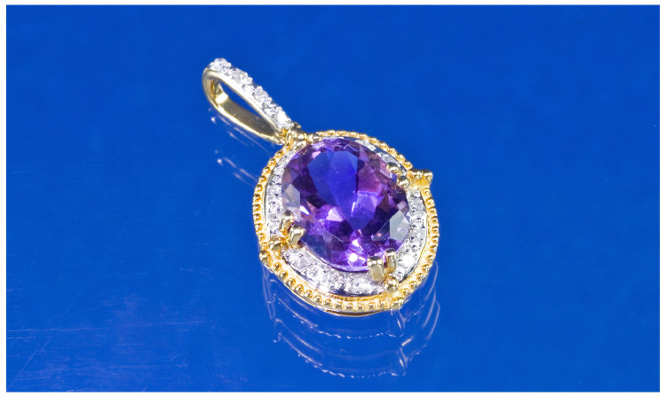 Appraisal: ct Gold Amethyst And Diamond Pendant Central Oval Faceted Amethyst