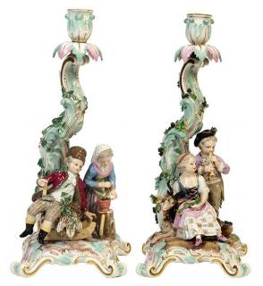 Appraisal: Pair of Meissen figural candlesticks Pair of Meissen figural candlesticks